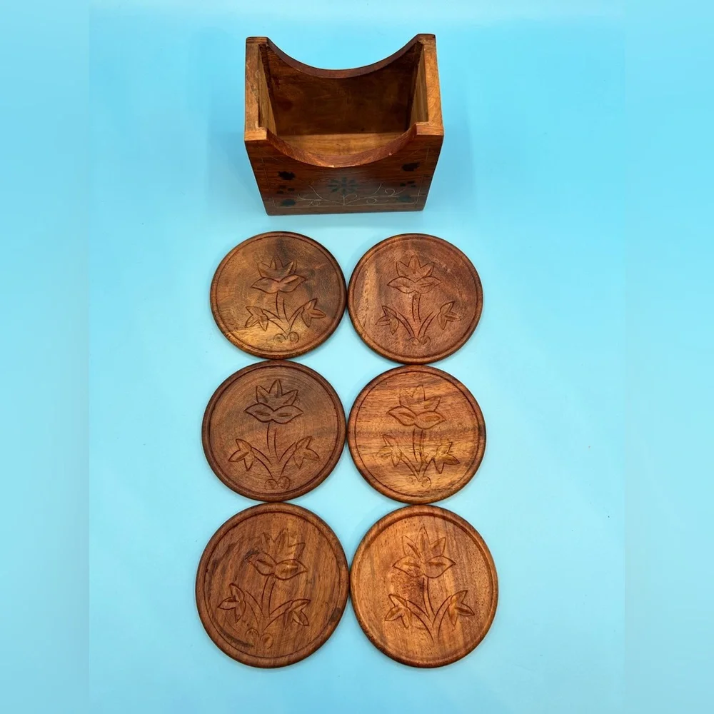 Brown Wooden Floral Coaster Set with Holder